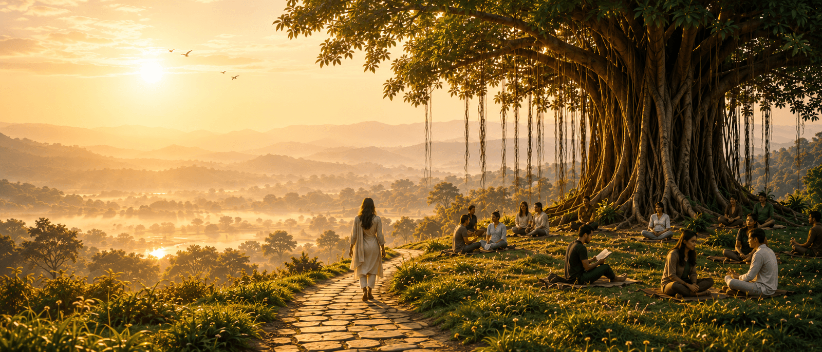 Golden sunrise over a stone path beneath a banyan tree